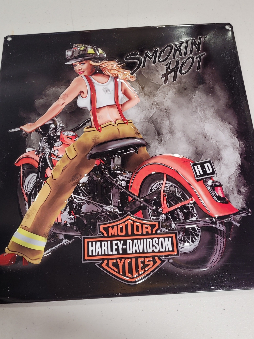 Harley-Davidson Red and Black Pinup Firefighter Motorcycle Sign - Picture 1 of 4